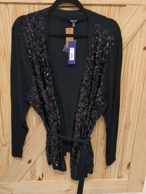 Apt. 9 Black Sequin Open Front Cardigan with Waist Tie